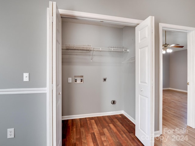 washroom featuring washer hookup, dark wood-type flooring, ceiling fan, and electric dryer hookup