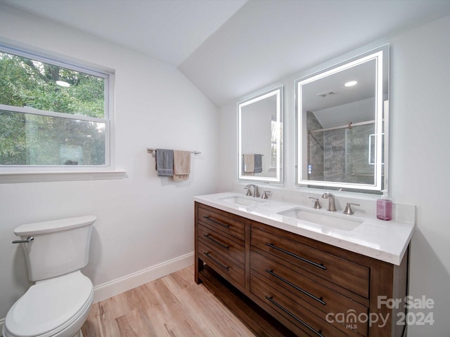 bathroom with vanity, vaulted ceiling, a shower with door, wood-type flooring, and toilet