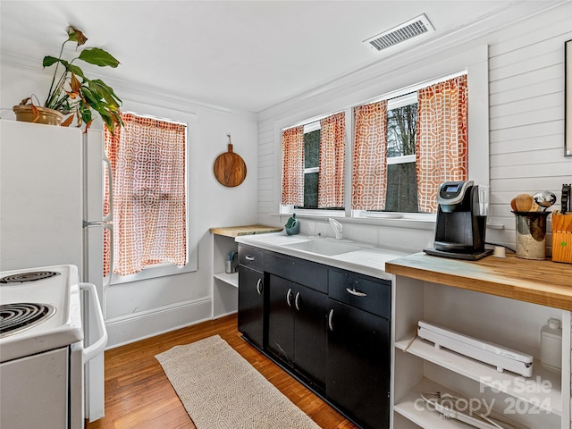 kitchen featuring hardwood / wood-style floors, sink, crown molding, and electric stove