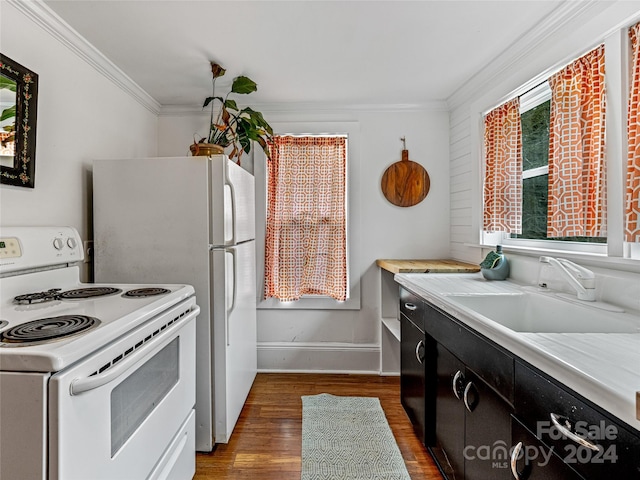 kitchen with white range with electric cooktop, dark hardwood / wood-style flooring, ornamental molding, and sink