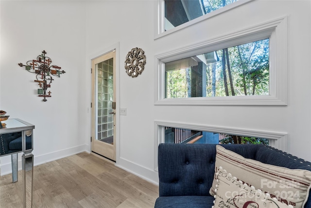 living area with plenty of natural light and light hardwood / wood-style floors