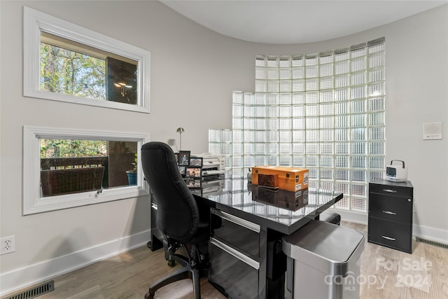 office space with hardwood / wood-style floors and a healthy amount of sunlight