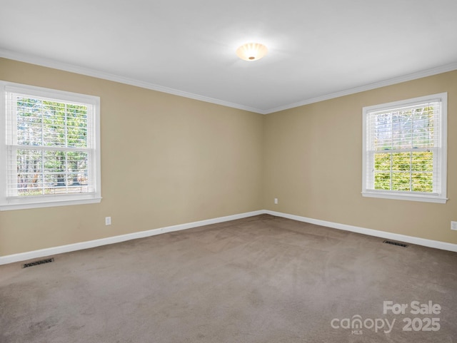 carpeted empty room with ornamental molding, plenty of natural light, visible vents, and baseboards