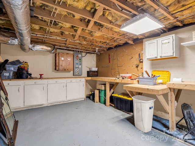 unfinished below grade area featuring a workshop area and concrete block wall