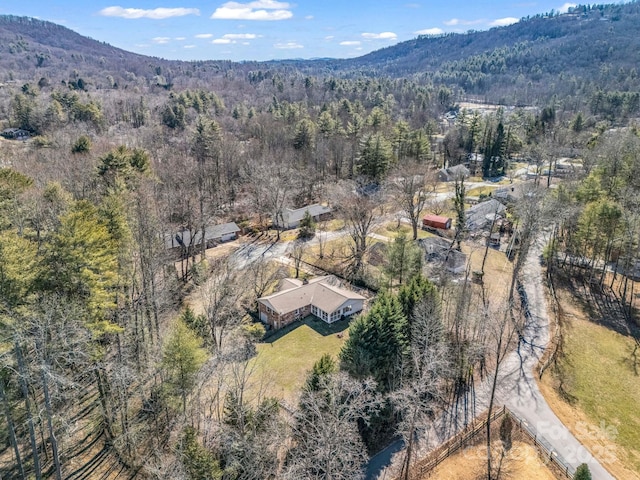 drone / aerial view with a mountain view and a view of trees