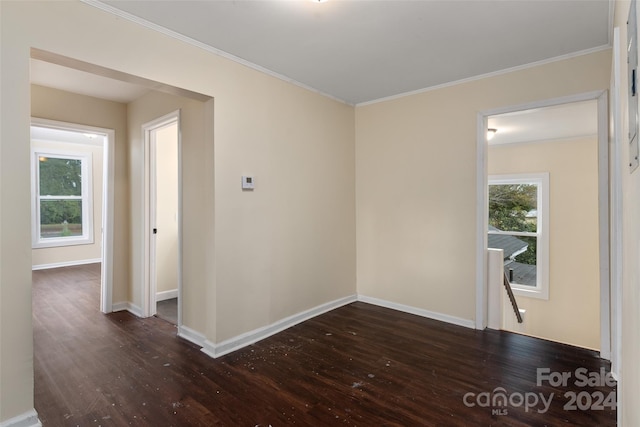 spare room with crown molding and dark hardwood / wood-style flooring