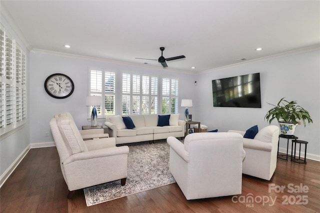 living room with crown molding, dark wood-type flooring, and ceiling fan