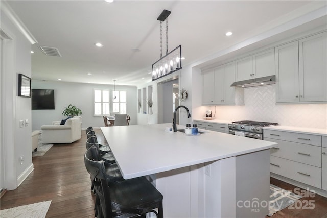 kitchen with a large island, sink, stainless steel stove, and a kitchen bar