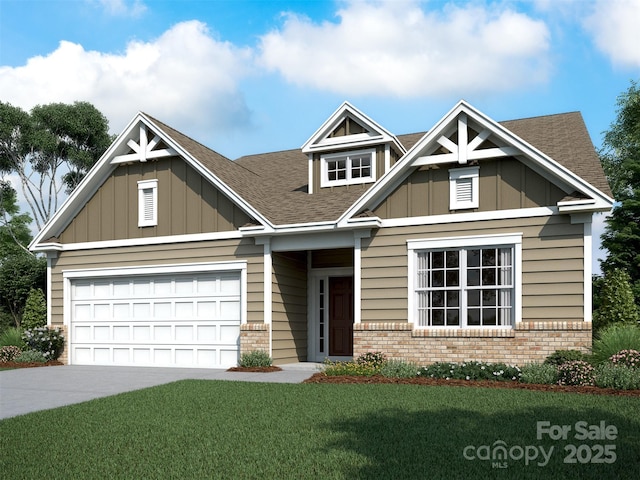 craftsman-style house featuring board and batten siding, brick siding, driveway, and a garage