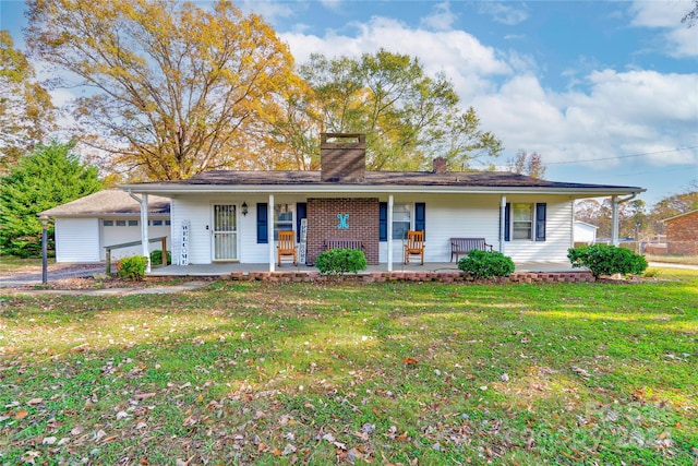 ranch-style home with a front yard and a porch