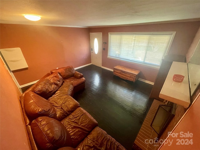 living room featuring hardwood / wood-style floors and crown molding