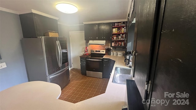 kitchen with stainless steel appliances, crown molding, and sink