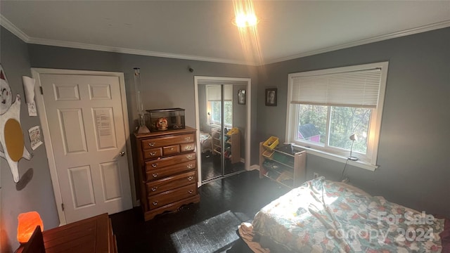 bedroom featuring a closet and ornamental molding