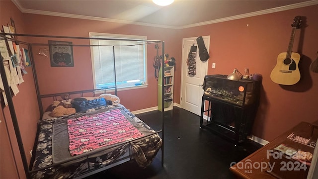 bedroom with crown molding and dark hardwood / wood-style flooring