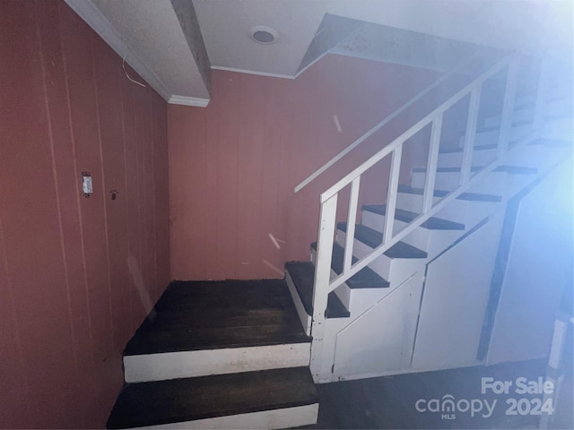 stairway featuring wood walls