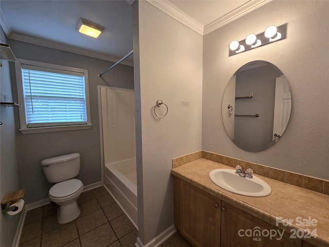 full bathroom with tile patterned floors, ornamental molding, vanity, shower / bathing tub combination, and toilet