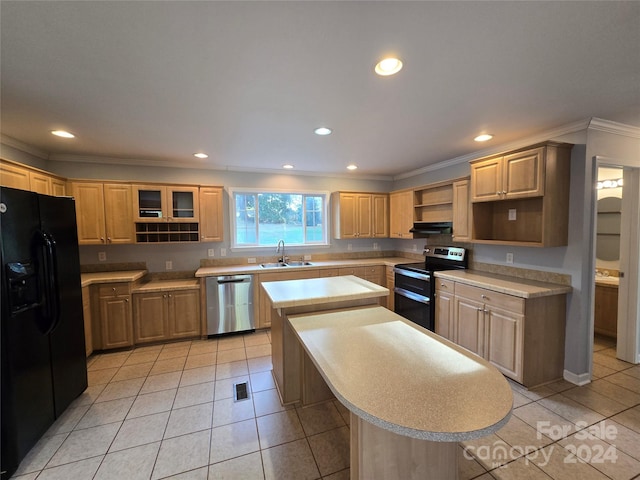 kitchen featuring black appliances, sink, crown molding, light tile patterned floors, and a kitchen island