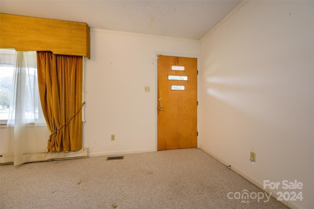 entrance foyer with carpet and crown molding