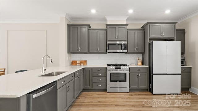 kitchen featuring gray cabinetry, sink, backsplash, and stainless steel appliances