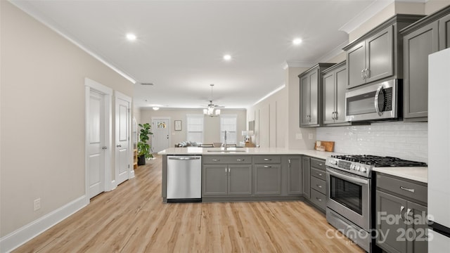 kitchen featuring appliances with stainless steel finishes, sink, gray cabinetry, kitchen peninsula, and crown molding