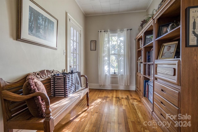 living area with light hardwood / wood-style floors and ornamental molding