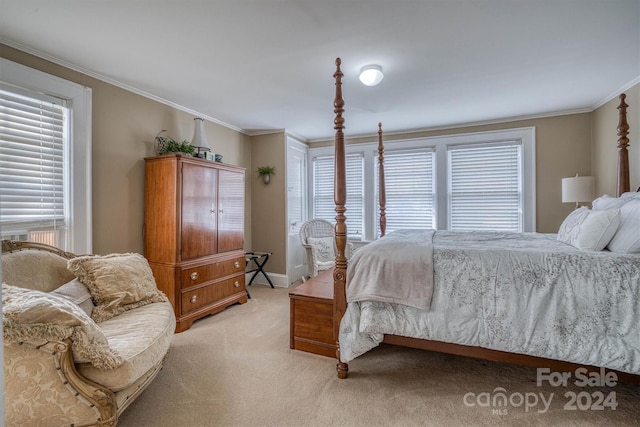 bedroom with light colored carpet and ornamental molding