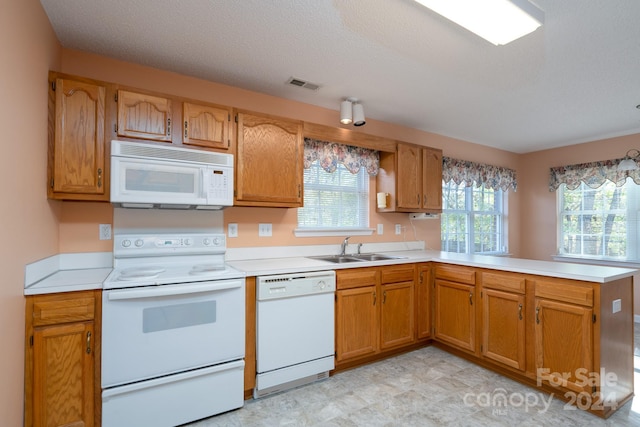 kitchen featuring kitchen peninsula, white appliances, a wealth of natural light, and sink