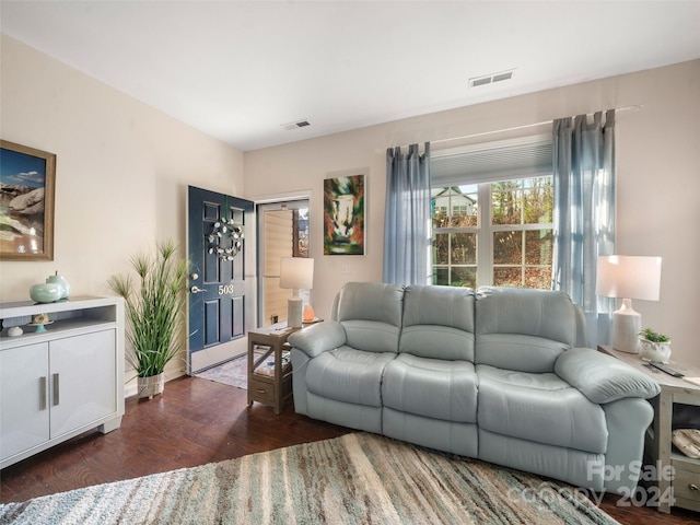 living room with dark hardwood / wood-style flooring