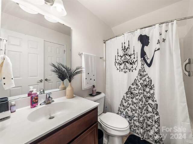 bathroom with walk in shower, vanity, and toilet