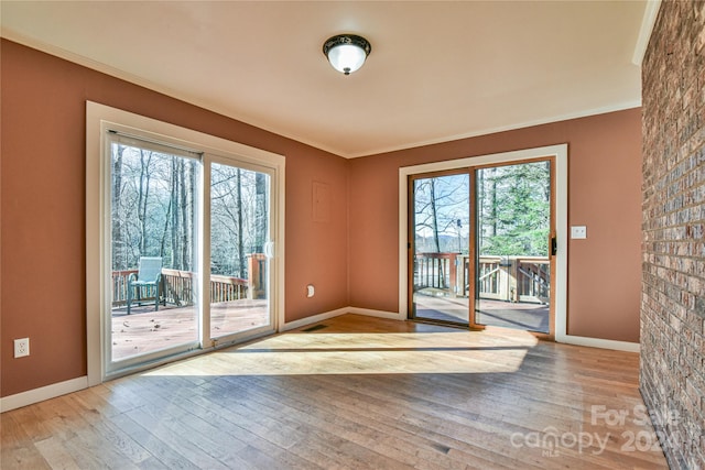 doorway with ornamental molding, a healthy amount of sunlight, and light wood-type flooring