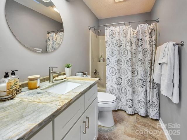 full bathroom featuring vanity, a textured ceiling, toilet, and shower / tub combo with curtain