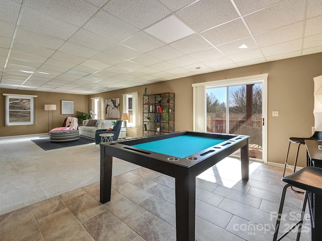 game room with a paneled ceiling and billiards