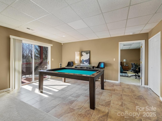 rec room featuring a drop ceiling and billiards