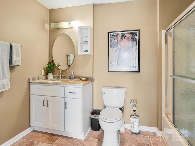 full bathroom featuring tile patterned flooring, vanity, enclosed tub / shower combo, and toilet