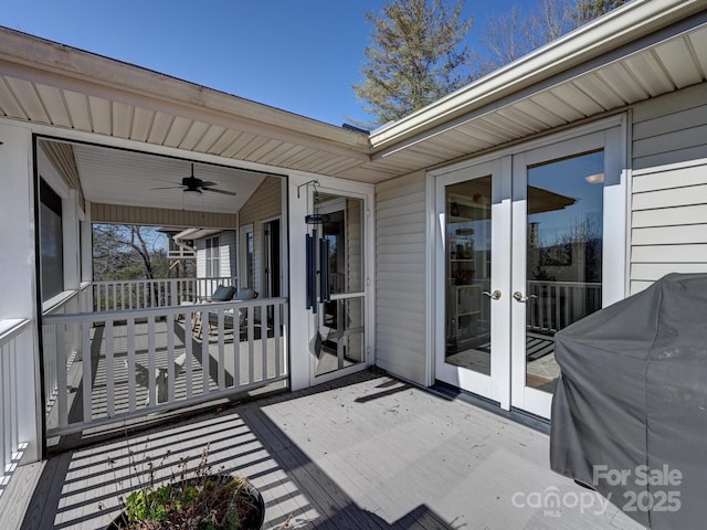 exterior space featuring ceiling fan and french doors