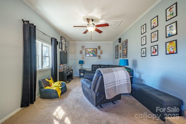 living room featuring crown molding, carpet flooring, and ceiling fan