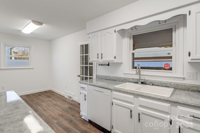 kitchen with white cabinetry, dishwasher, dark hardwood / wood-style floors, and sink