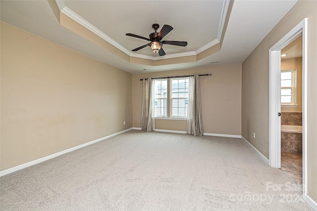 carpeted spare room with ceiling fan, a raised ceiling, and crown molding