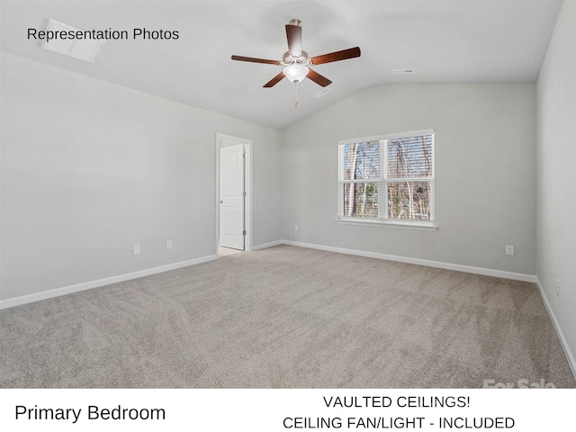 empty room with ceiling fan, lofted ceiling, and light carpet