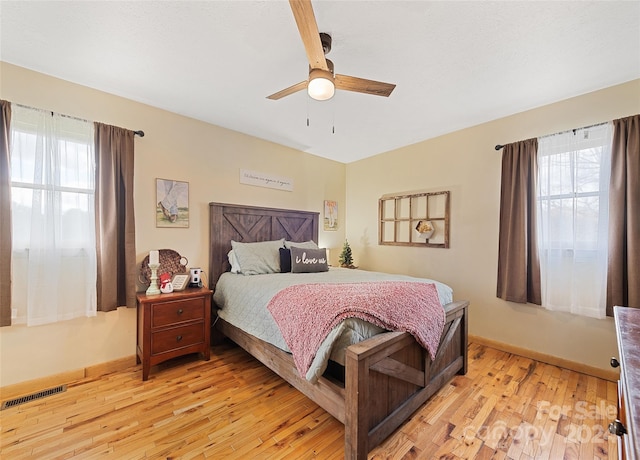 bedroom featuring ceiling fan and light hardwood / wood-style floors