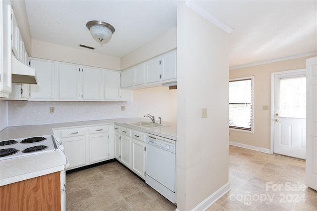 kitchen with white cabinetry, sink, white dishwasher, and crown molding