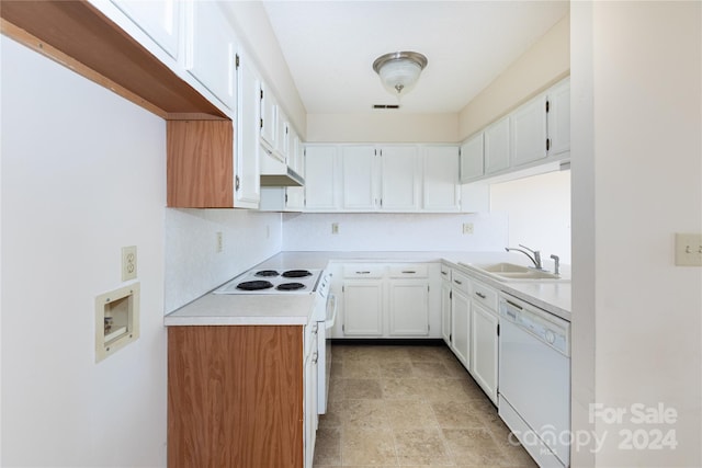 kitchen with white cabinets, white appliances, and sink