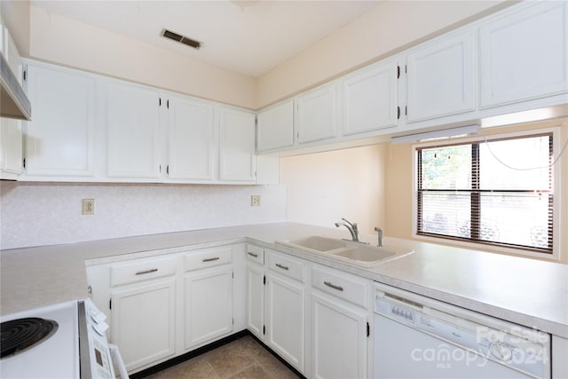 kitchen featuring white cabinetry, light tile patterned flooring, white appliances, and sink