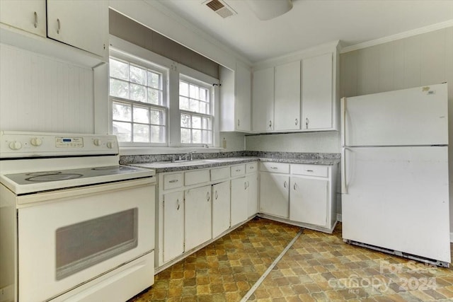 kitchen featuring white cabinetry, sink, white appliances, and crown molding