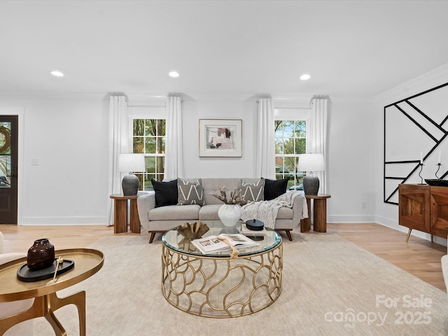 living room featuring crown molding and light wood-type flooring