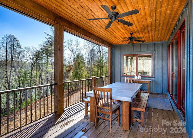 sunroom / solarium featuring ceiling fan and wood ceiling