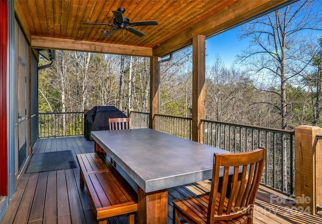 sunroom featuring ceiling fan and wood ceiling