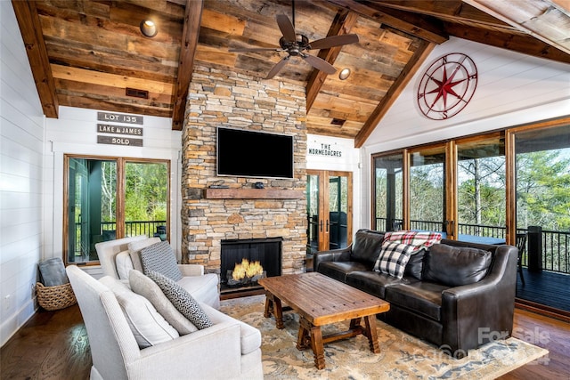 living room with wood ceiling, a wealth of natural light, french doors, and dark wood-type flooring