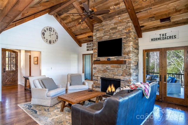 living room featuring french doors, dark wood-type flooring, high vaulted ceiling, wooden walls, and wood ceiling