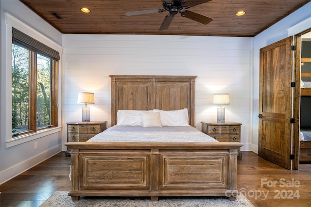 bedroom featuring dark hardwood / wood-style floors, wooden ceiling, and multiple windows